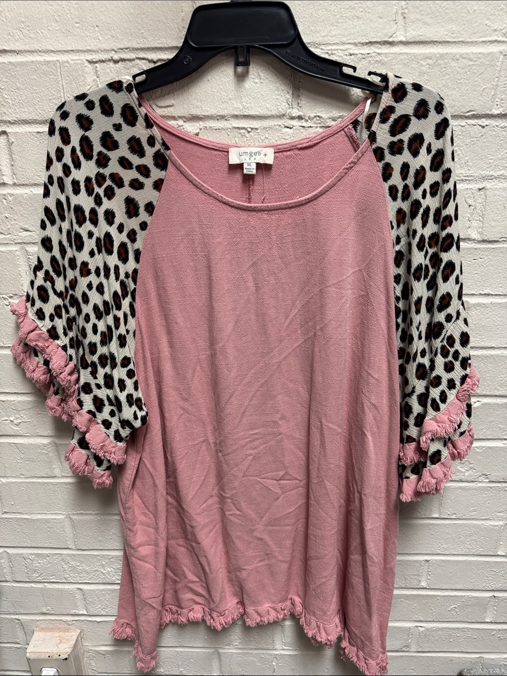 Umgee Dusty Pink Top with Leopard Print Raglan Sleeves